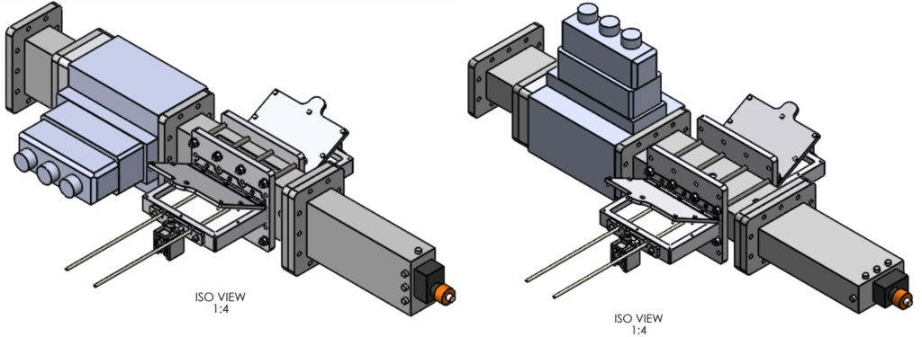 Assembly images to show the C-Tech Innovation microwave test system perpendicular (left) or parallel (right) orientations. 