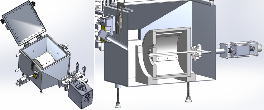 General assembly of the microwave 30 kg·hr-1 pilot scale system, showing the whole apparatus (left) and the cavity fitted with the drum (right).